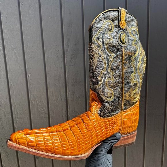 #66 Crocodile Pointed Elegant Western Boot with Orange/Butter/Black Detail main image 5